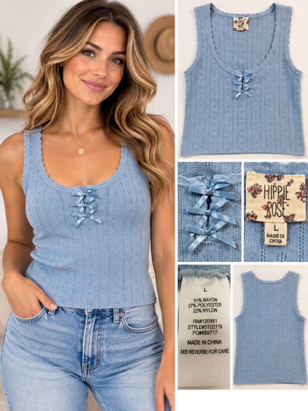 Hippie Rose Blue Knit Lace Up Tank Top Boho Y2K Large